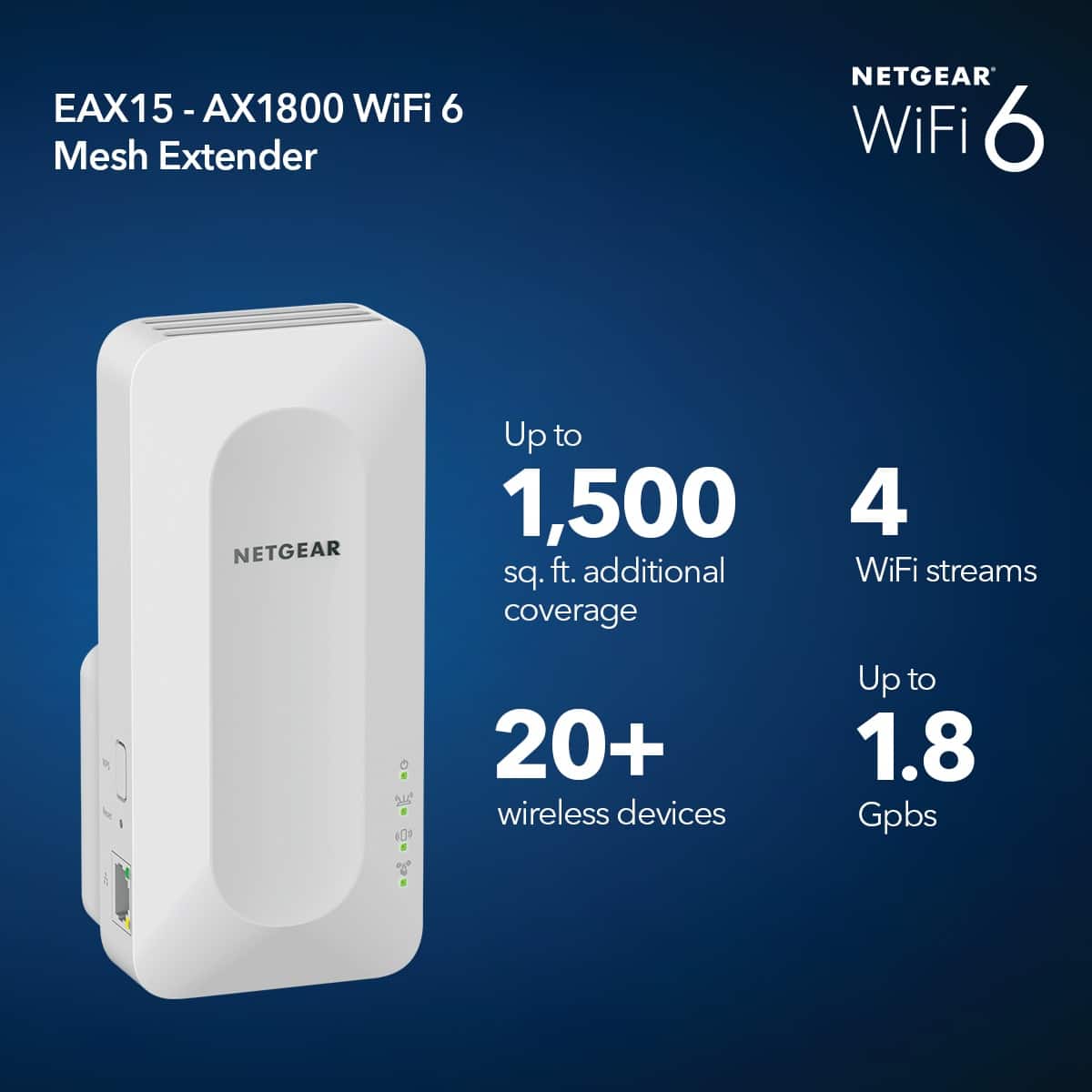 NETGEAR - EAX15 AX1800 Wi-Fi 6 Mesh Wall Plug Range Extender and Signal Booster - White