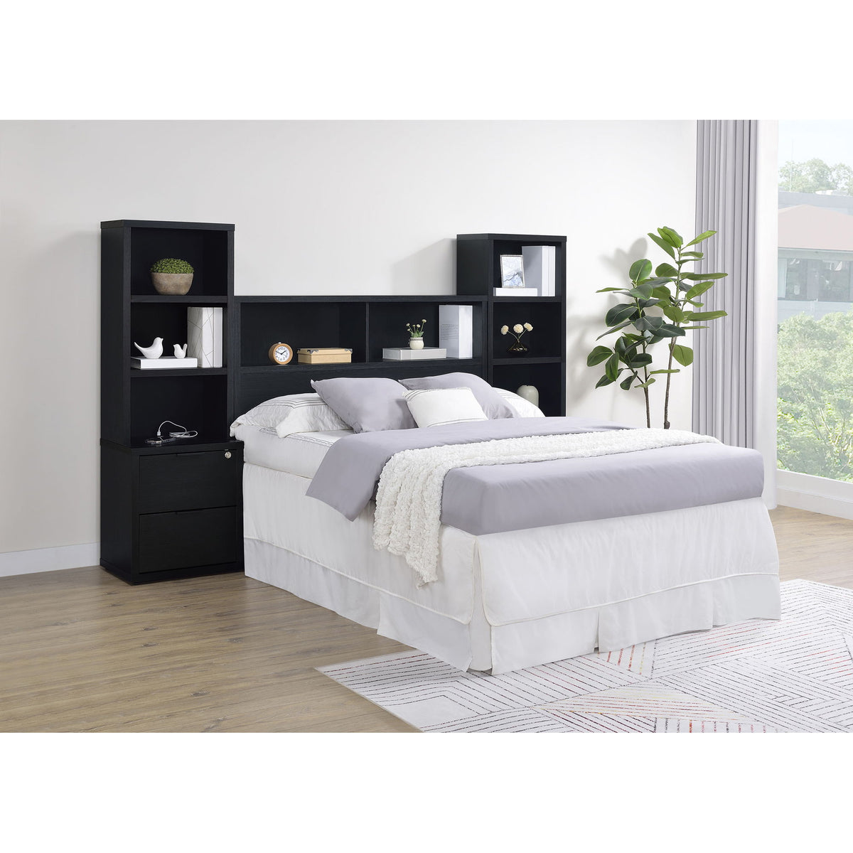 Geary - Set de dormitorio de 3 piezas con cabecero con estantería