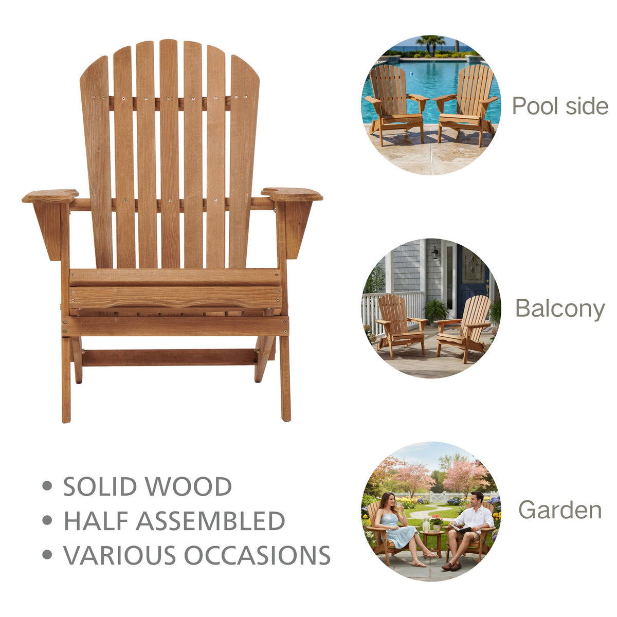 Sillón de jardín Adirondack plegable de gran tamaño, Silla de patio para jardín