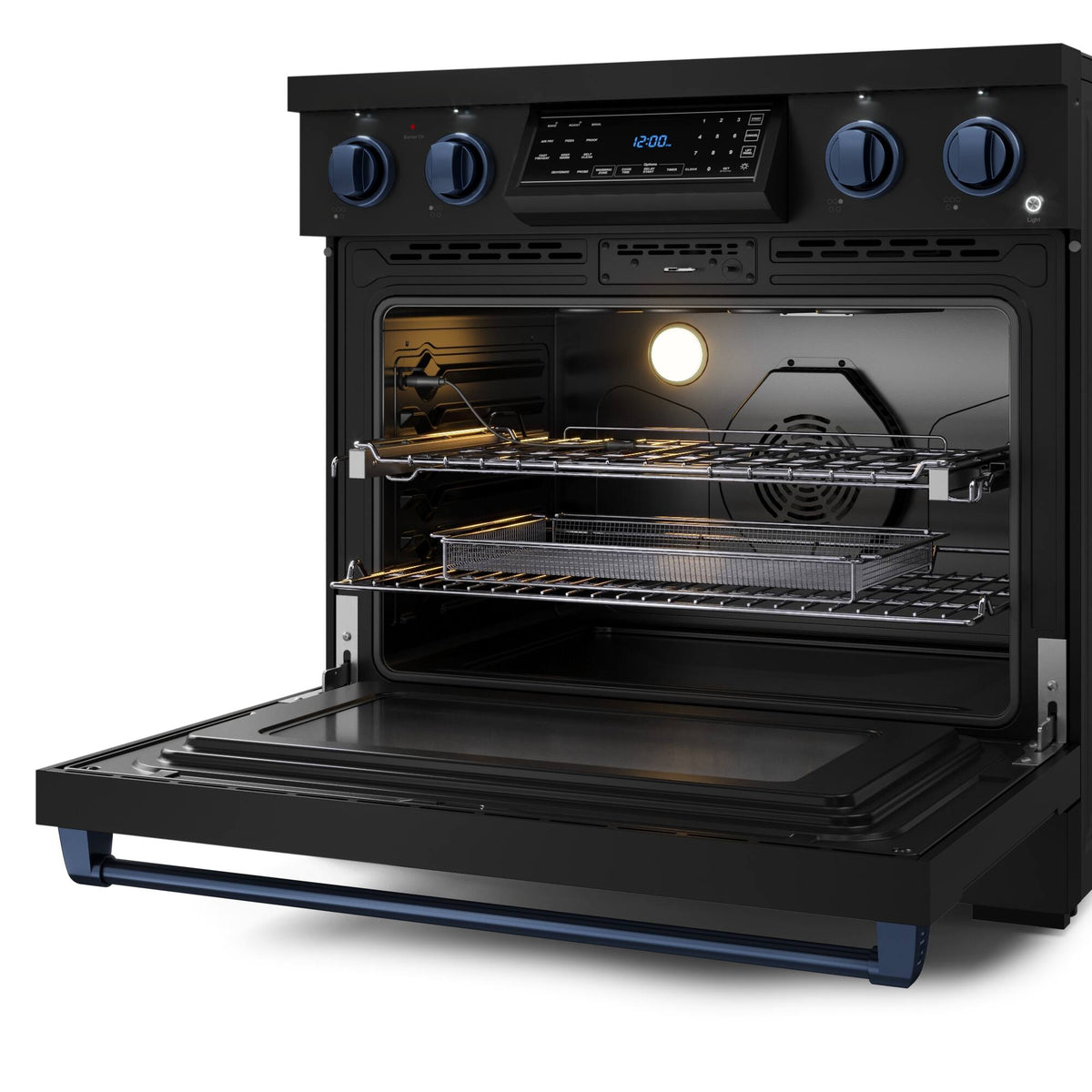 36 in. Wide 5 Elements Gordon Ramsay Series by Thor Kitchen 6.0 Cu.Ft Freestanding Electric Range with Navy Blue Handles - Black