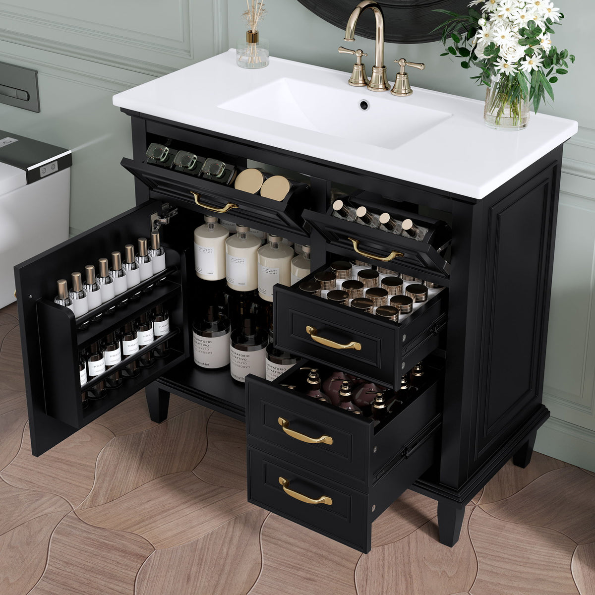 Tocador de baño moderno con lavabo integrado, cajones abatibles y estante ajustable