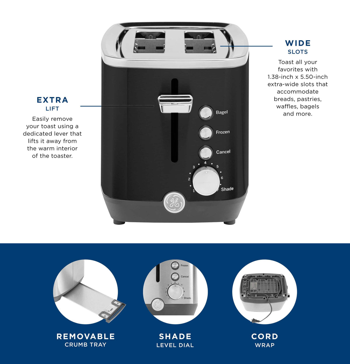 GE - 2-Slice Toaster with 7 Shade Settings and Extra Wide Slots - Onyx Black