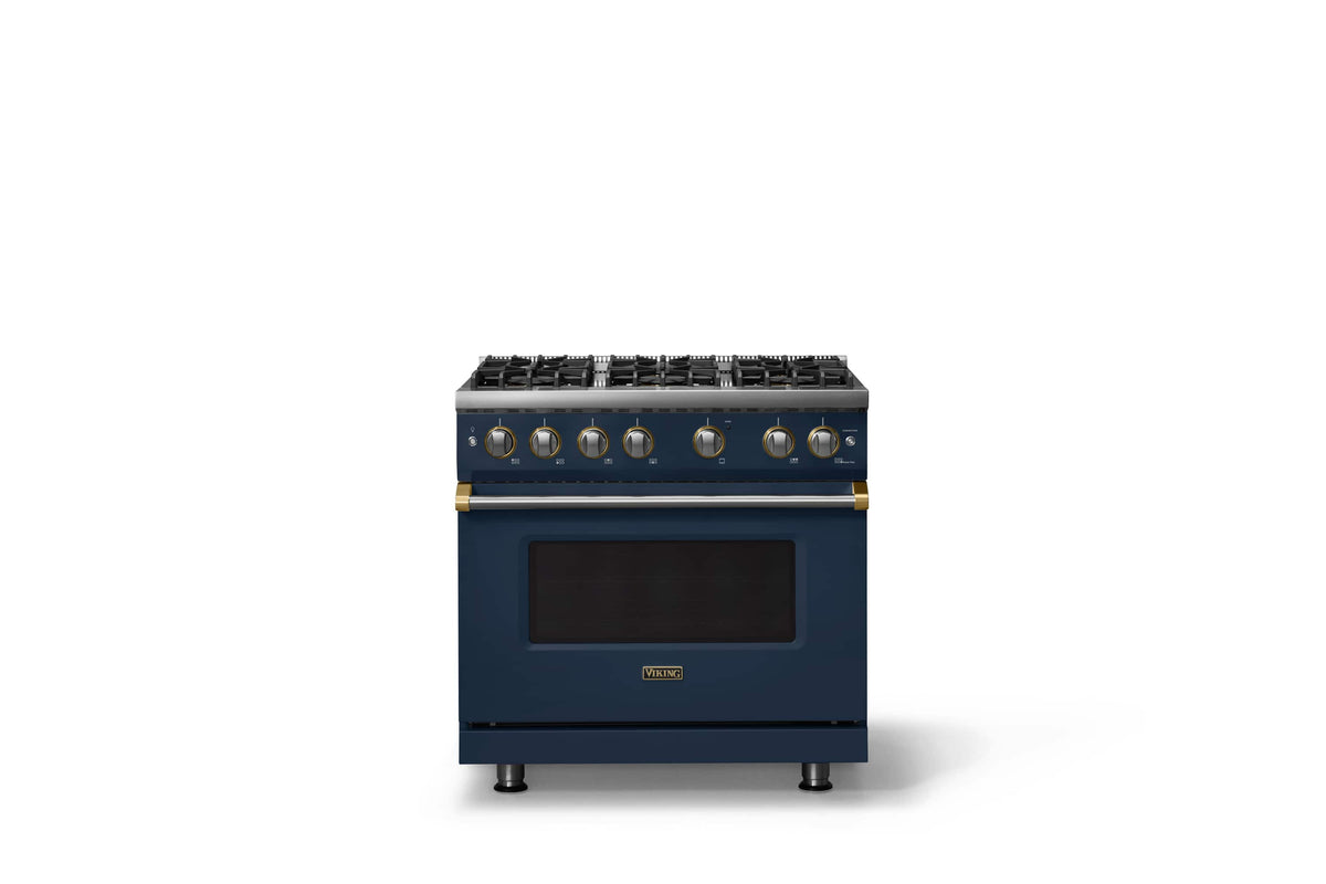 Viking - 36 in. Wide 6 Burner Pro 5 Series 5.1 Cu.Ft. Freestanding Sealed Burner Propane Gas Convection Range w/ Brushed Brass - Slate Blue