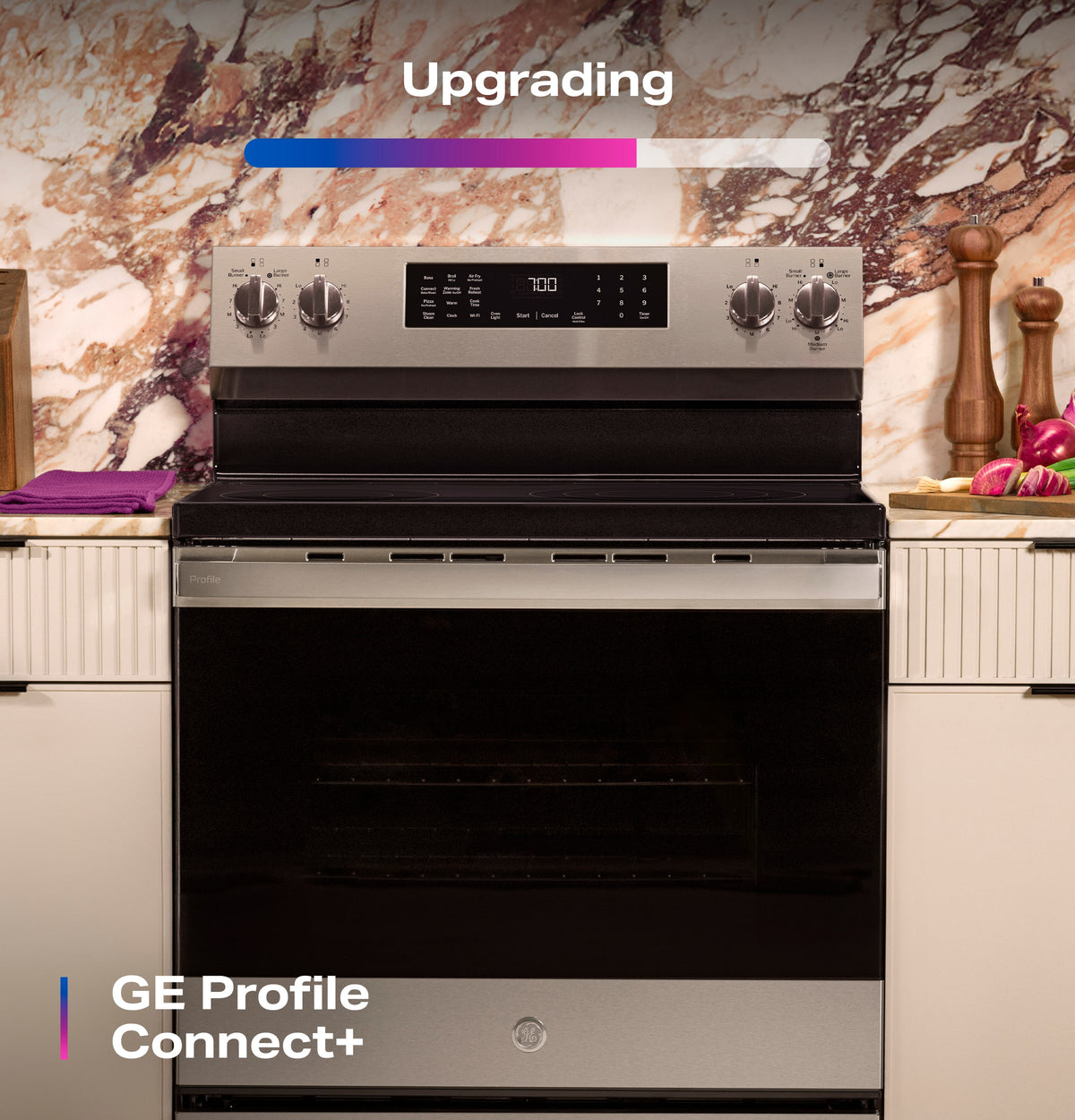 GE Profile - 30" Wide 5 Elements 5.3 Cu. Ft. Freestanding Electric Convection Range w/ Steam Clean, Air Fry, and EasyWash Oven Tray - Stainless Steel