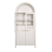 Gabinete de despensa alto y arqueado con diseño acanalado, estantes ajustables, puerta de vidrio y cajón oculto para cocina