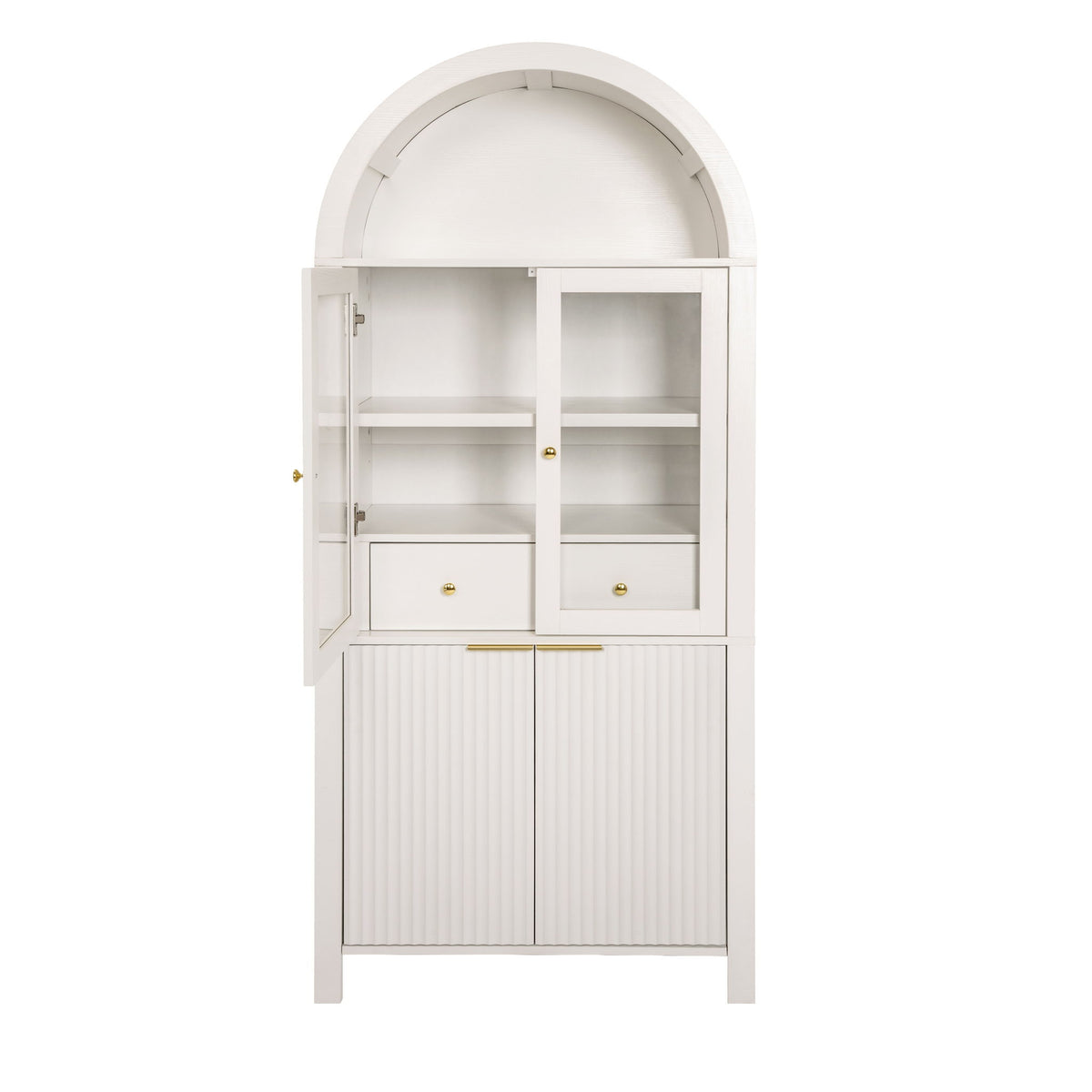 Gabinete de despensa alto y arqueado con diseño acanalado, estantes ajustables, puerta de vidrio y cajón oculto para cocina