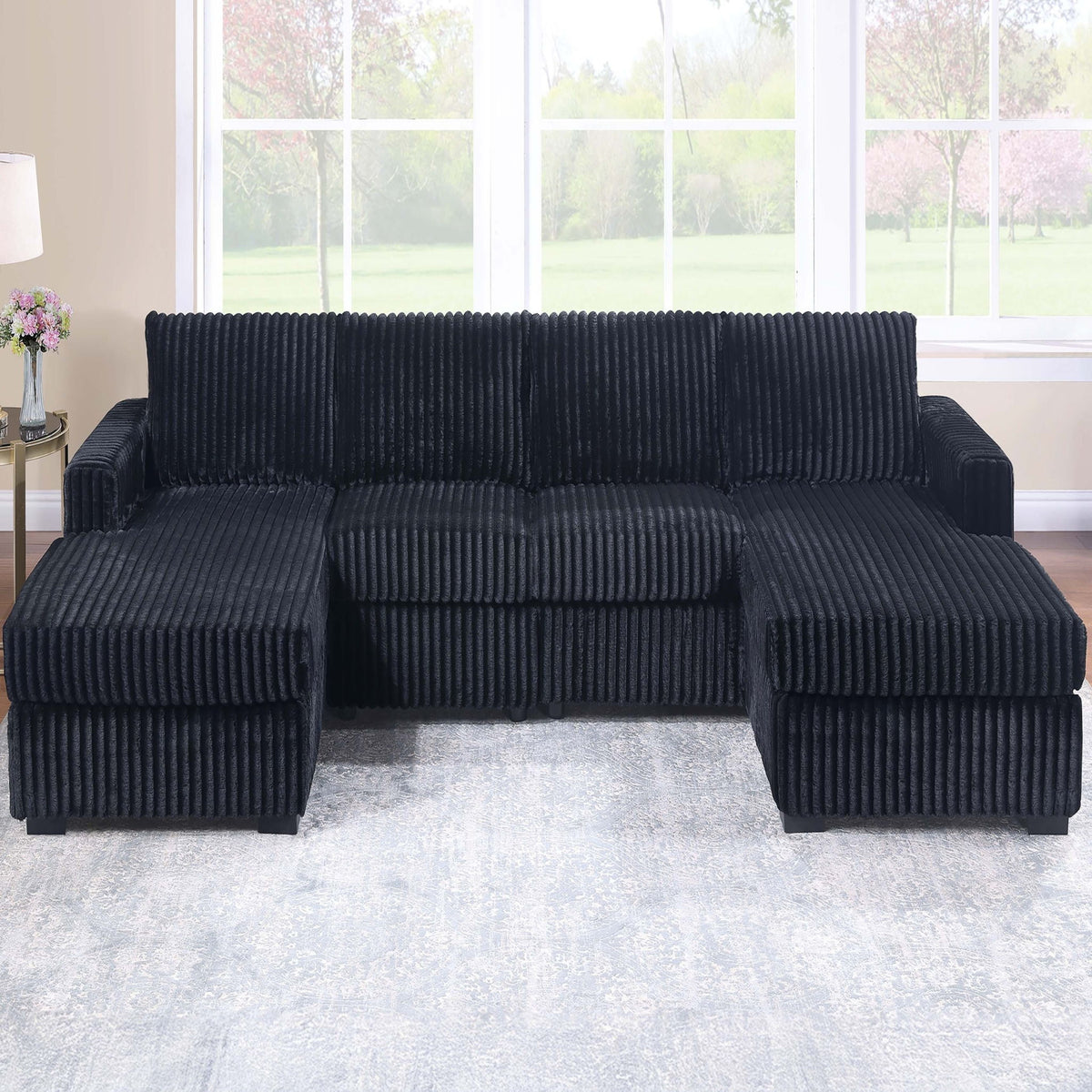 Conjunto seccional en forma de U con sillas sin brazos de respaldo acolchado y chaise longue con brazo a la derecha y a la izquierda