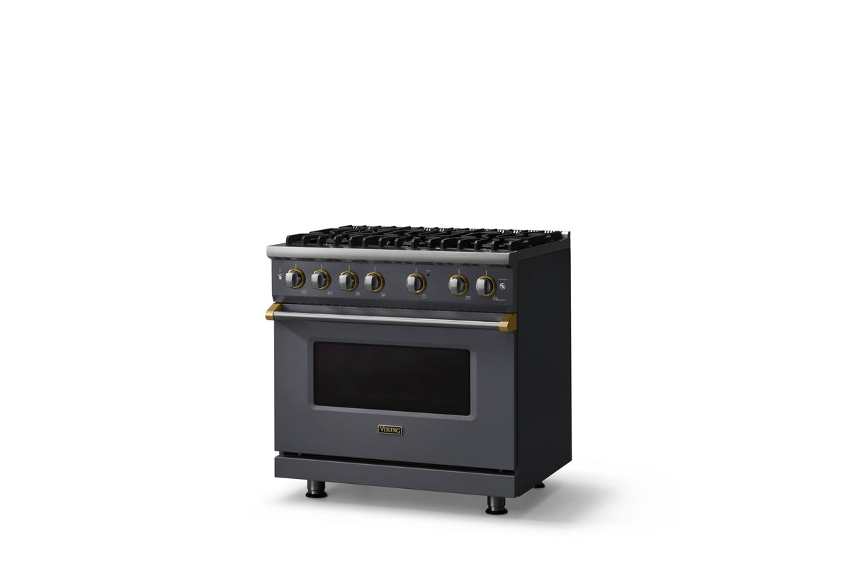 Viking - 36 in. Wide 6 Burner Pro 5 Series 5.1 Cu. Ft. Freestanding Sealed Burner Gas Convection Range with Brushed Brass Trim - Cast Black