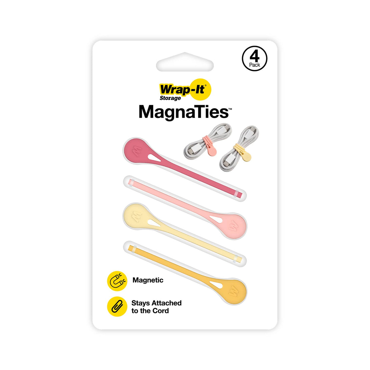 Wrap-It Storage - MagnaTies 4-Pack Macaron - Warm - Magnetic Cord Ties - Assorted Colors