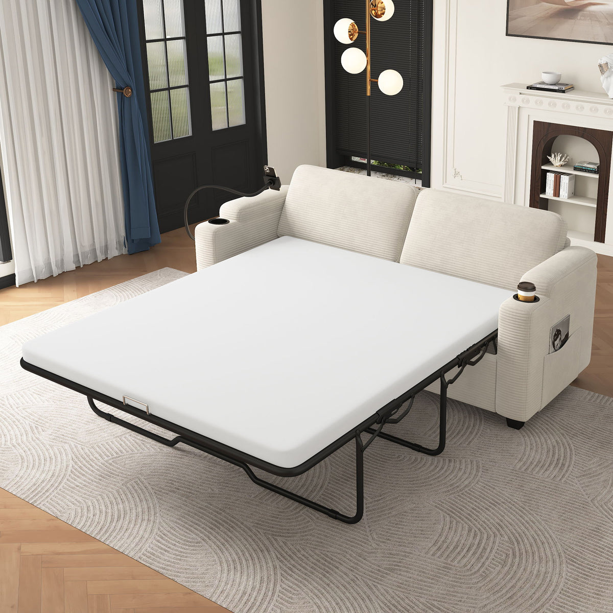 Sofá cama de dos plazas con colchón de tamaño completo, 2 puertos USB, 2 portavasos, 2 bolsillos laterales y soporte para teléfono