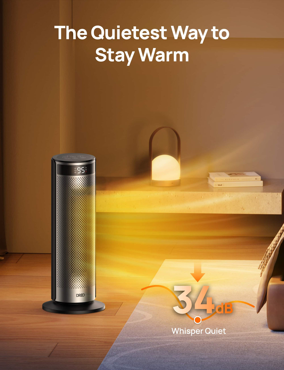 DREO - 20'' Portable Ceramic Space Heater for Home, 70° Oscillation, 12H Timer and Thermostat, 3 Heat Levels, Solaris 628 - Silver