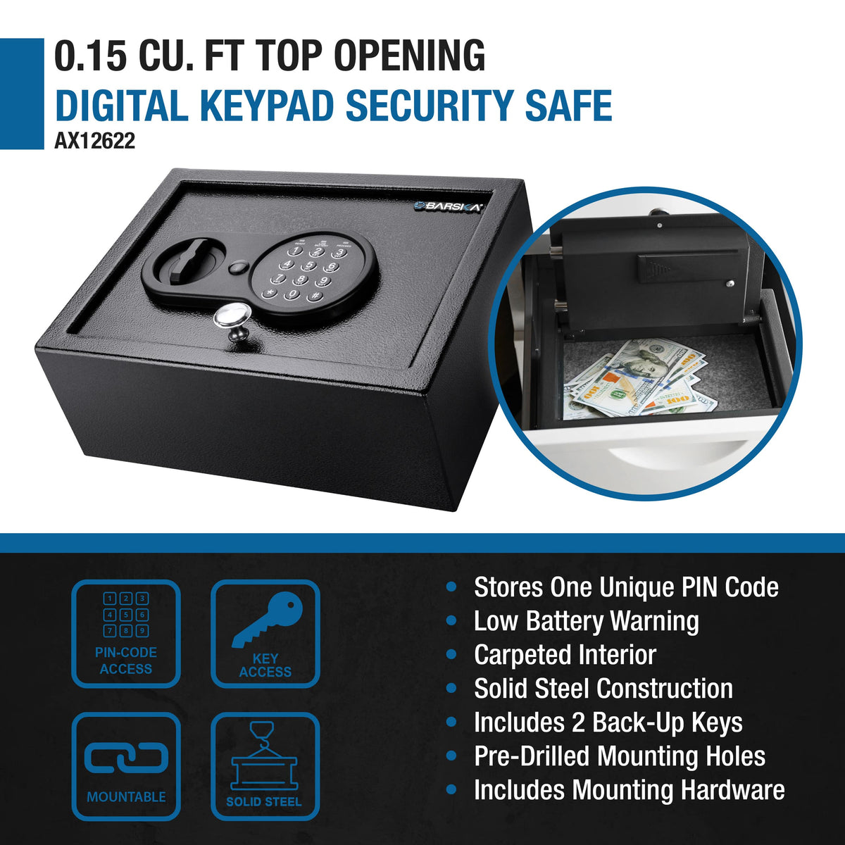 Barska - 0.15 Cu Ft Digital Keypad Drawer Safe – Solid Steel Top-Opening Security Box with Deadbolts for Home, Office & Valuables - Black
