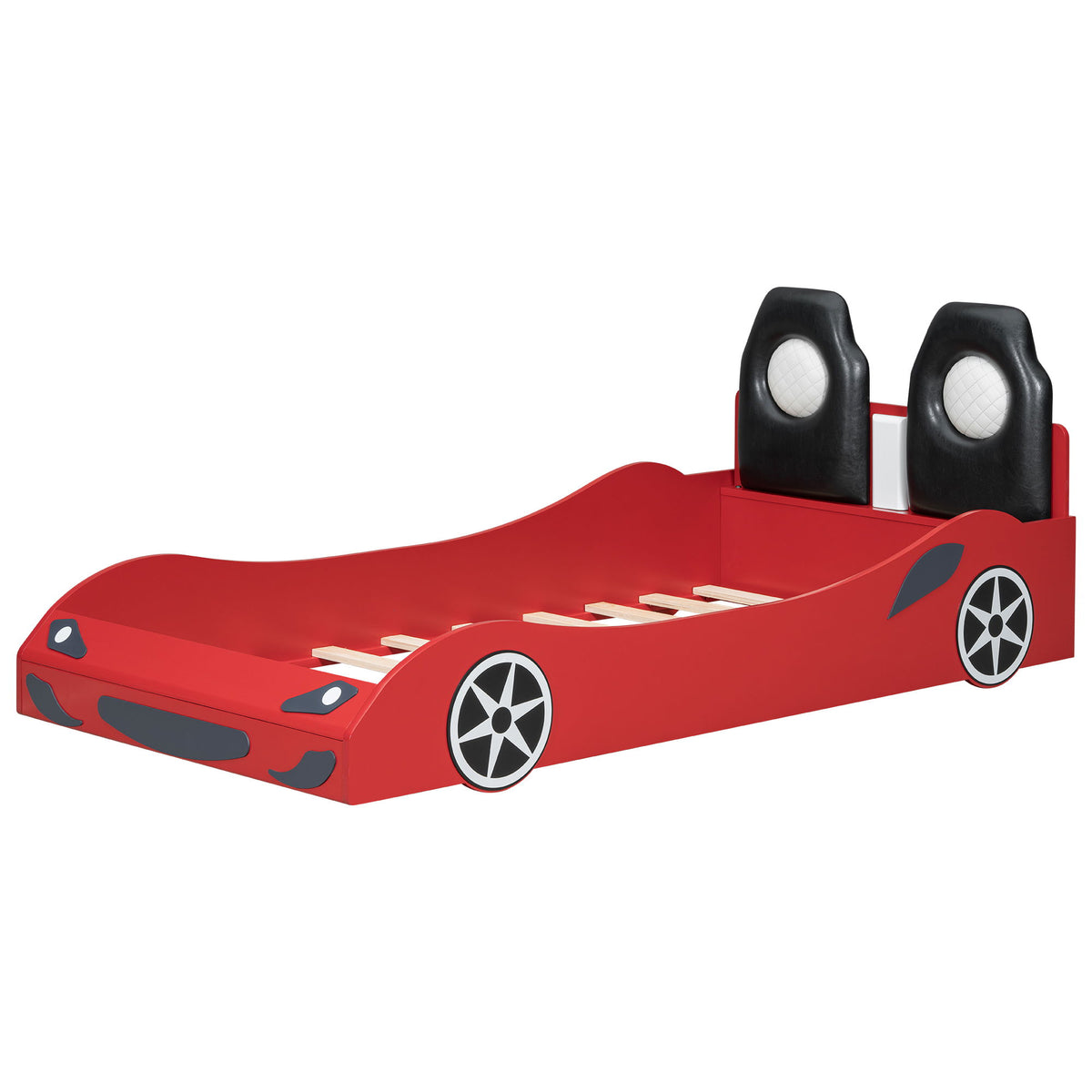 Race Car Shaped Platform Bed With LED And Upholstered Backrest In