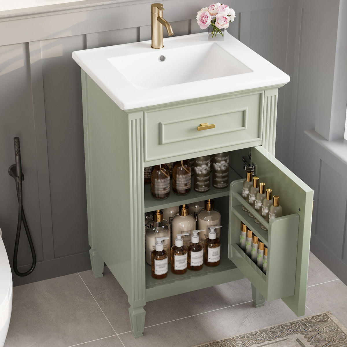 Tocador de baño con lavabo, estante ajustable y cajón abatible