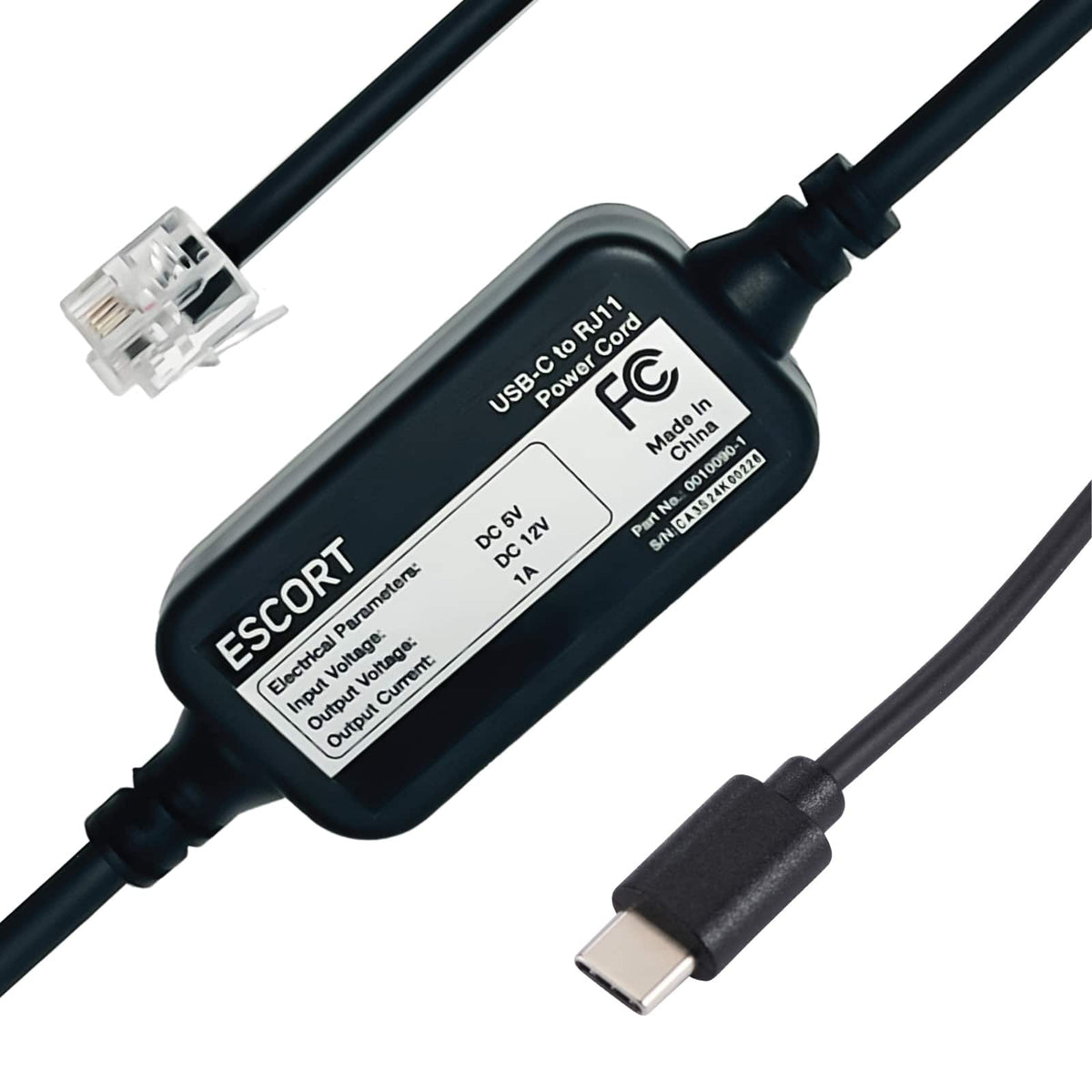 USB-C to RJ11 Cable, 4 feet Power Cord for Escort Radar Detectors - Black