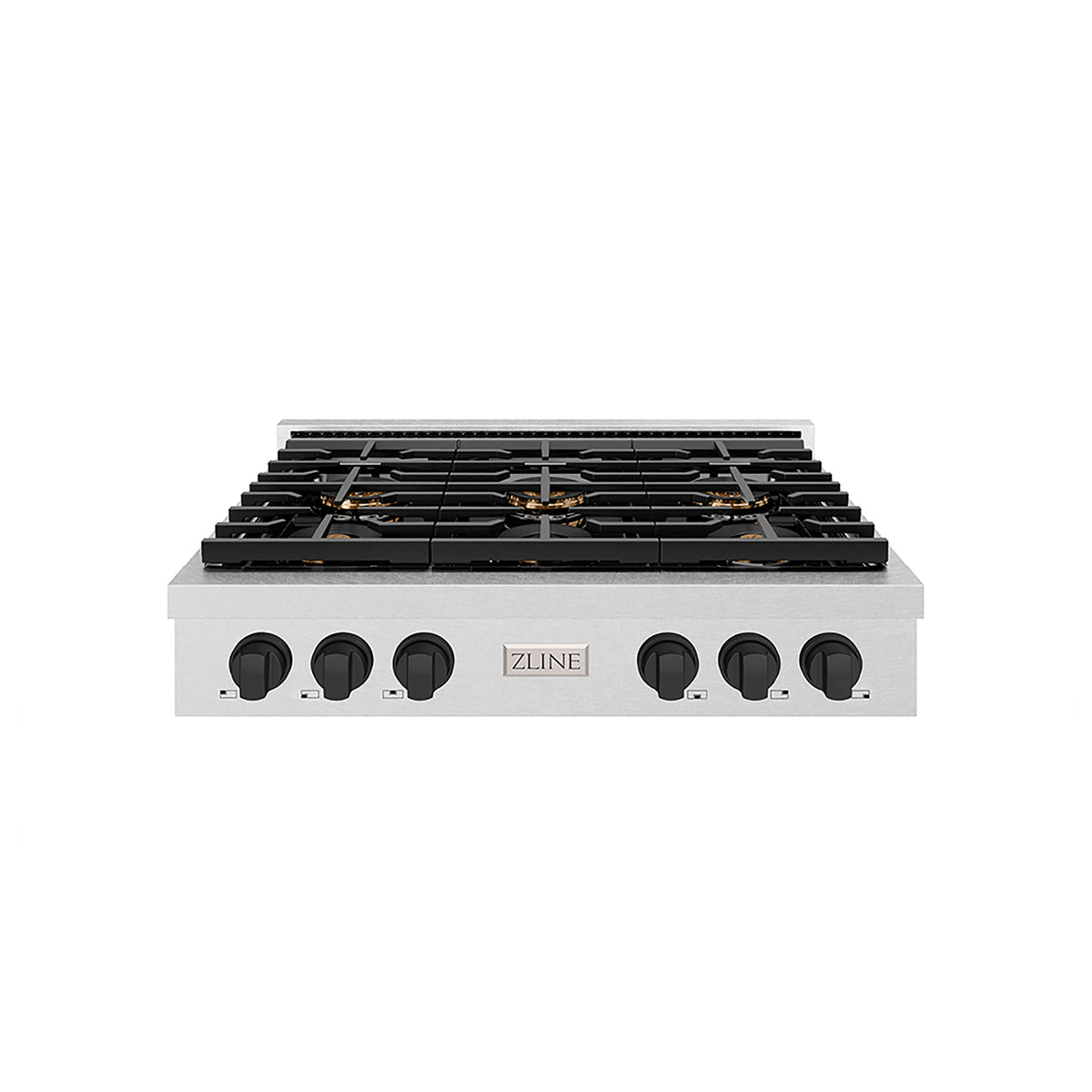 ZLINE - 36 in. Wide 6 Burner Autograph Satin SteelParamount Rangetop with with Black Accents (PSRTSZ-36-MB) - Satin Stainless Steel