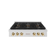 ZLINE - 36 in. Wide 6 Burner Autograph Satin SteelParamount Rangetop with with Gold Accents (PSRTSZ-36-G) - Satin Stainless Steel