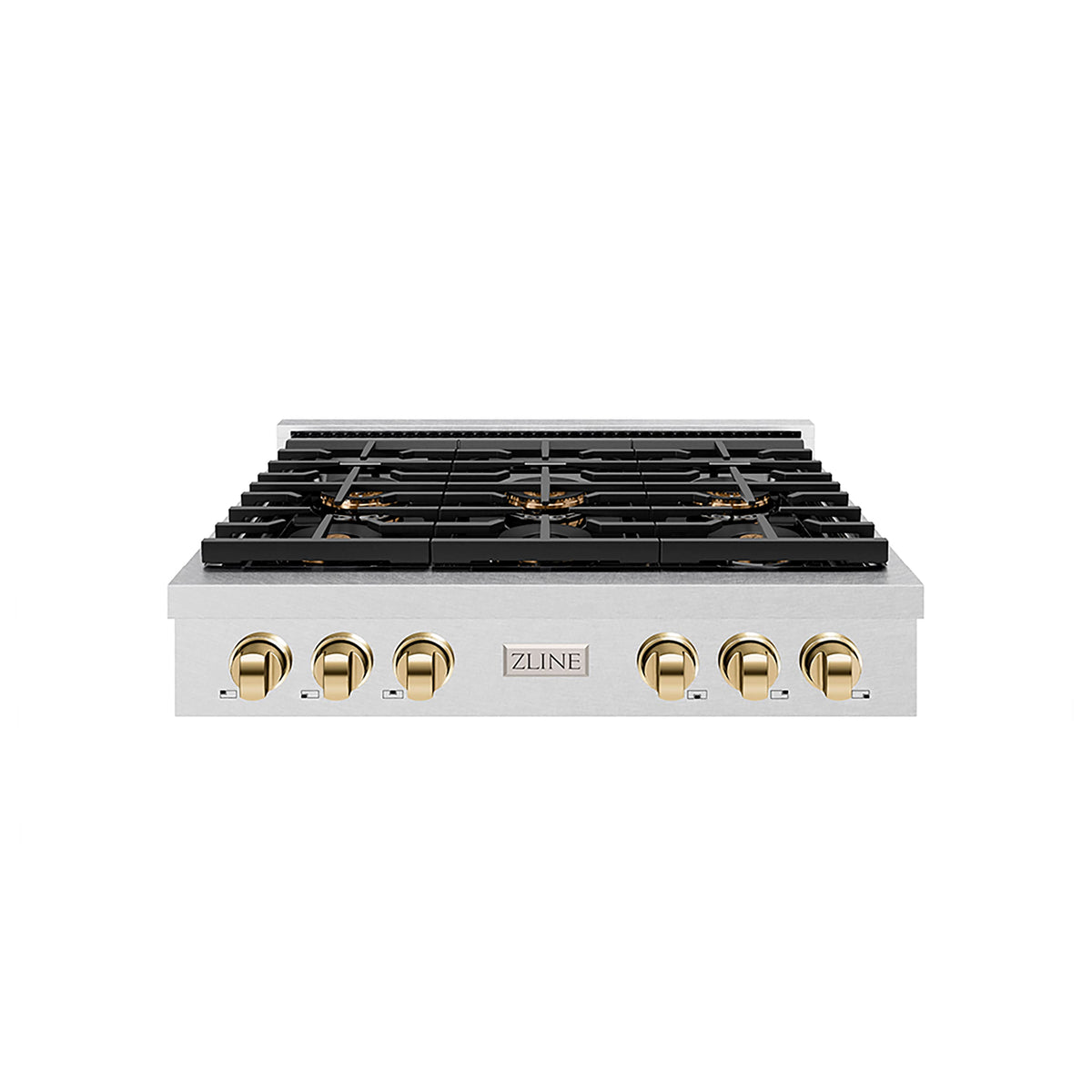 ZLINE - 36 in. Wide 6 Burner Autograph Satin SteelParamount Rangetop with with Gold Accents (PSRTSZ-36-G) - Satin Stainless Steel