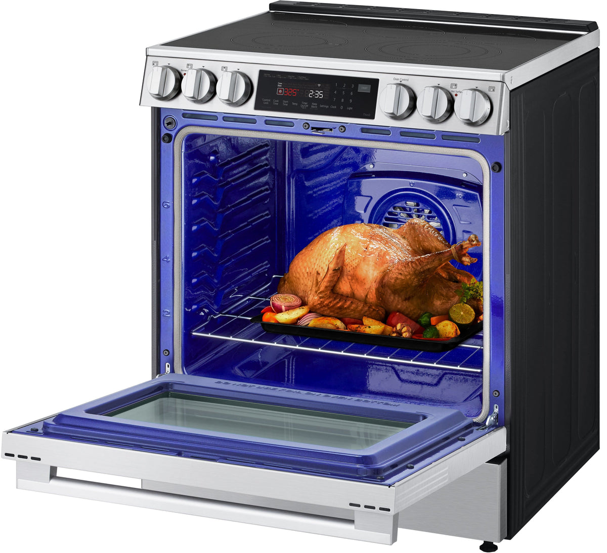 LG - 30-in Wide 6.3 Cu. Ft. Slide-In Electric True Convection Range with 5 Elements, InstaView and 2 UltraHeat Elements - Stainless Steel