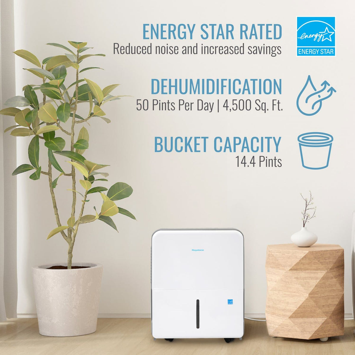 Keystone - 50 Pint 7.2 Quart Dehumidifier with Electronic Controls - White