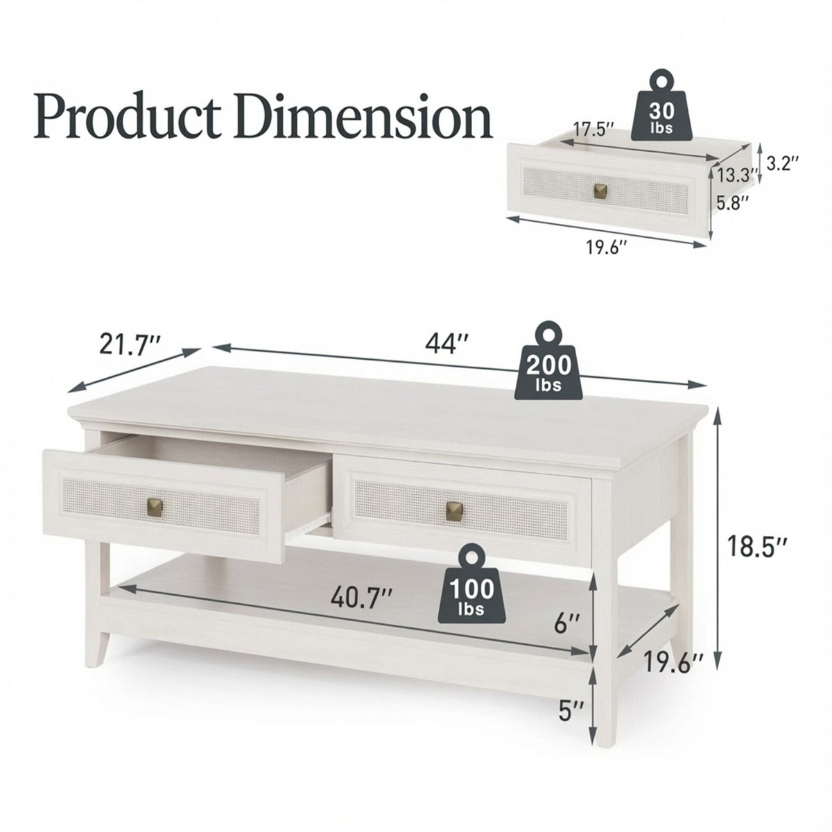 Mesa de centro con cajones y estante de almacenamiento - Blanco