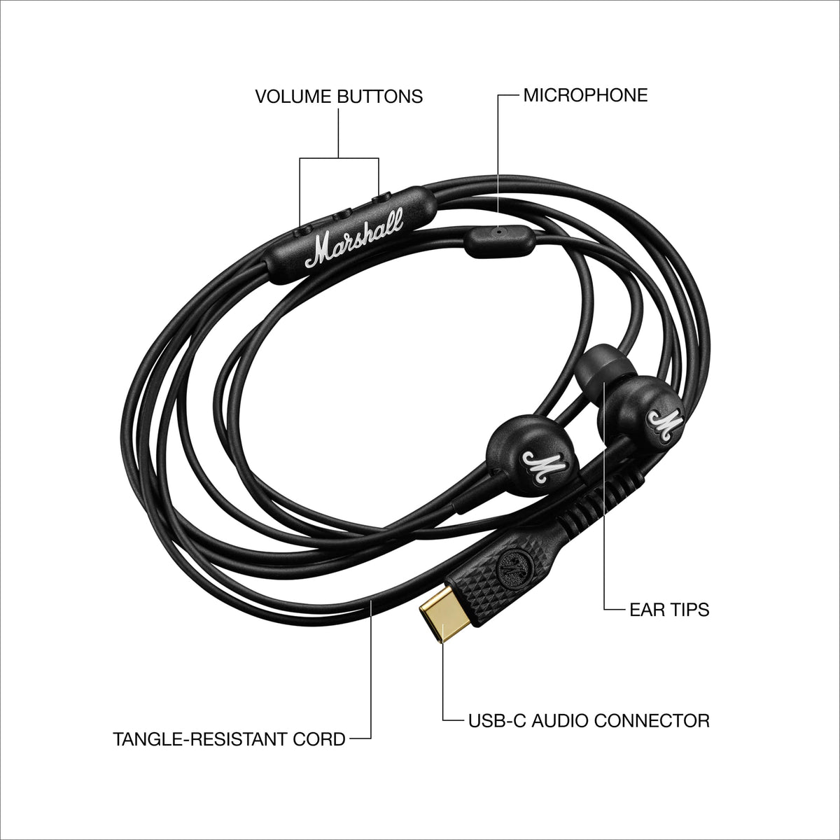 Marshall - Mode USB-C In-ear Wired Earbuds with Built-in Microphone, Customizable Fit, Tangle-resistant Cord and Dynamic Drivers - Black