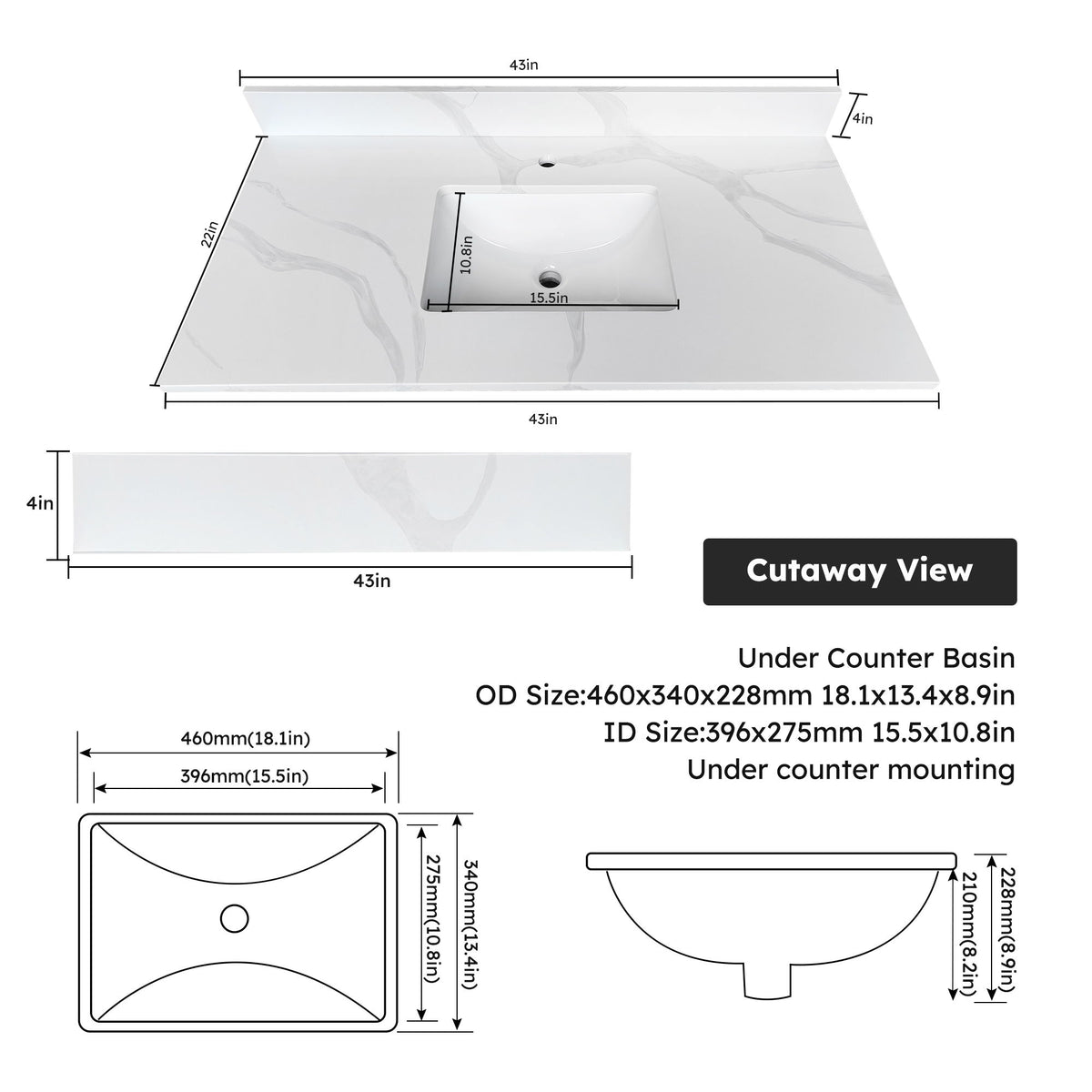 Encimera de baño con lavabo bajo encimera de una cubeta