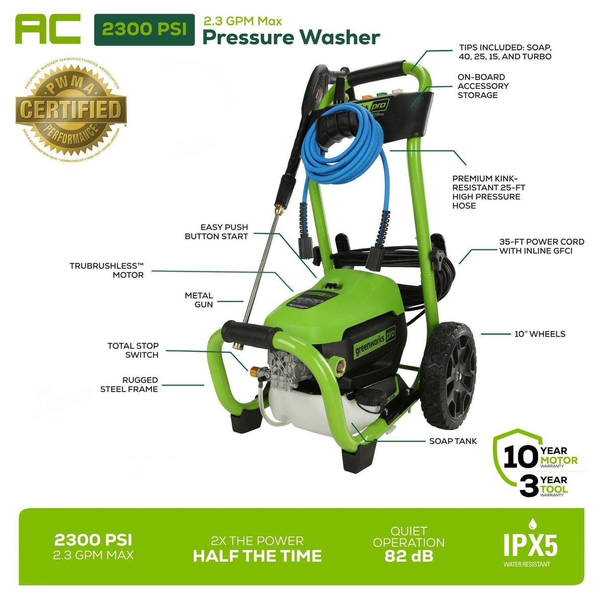 Greenworks - Pro Electric Pressure Washer up to 2300 PSI at 1.2 GPM - Green