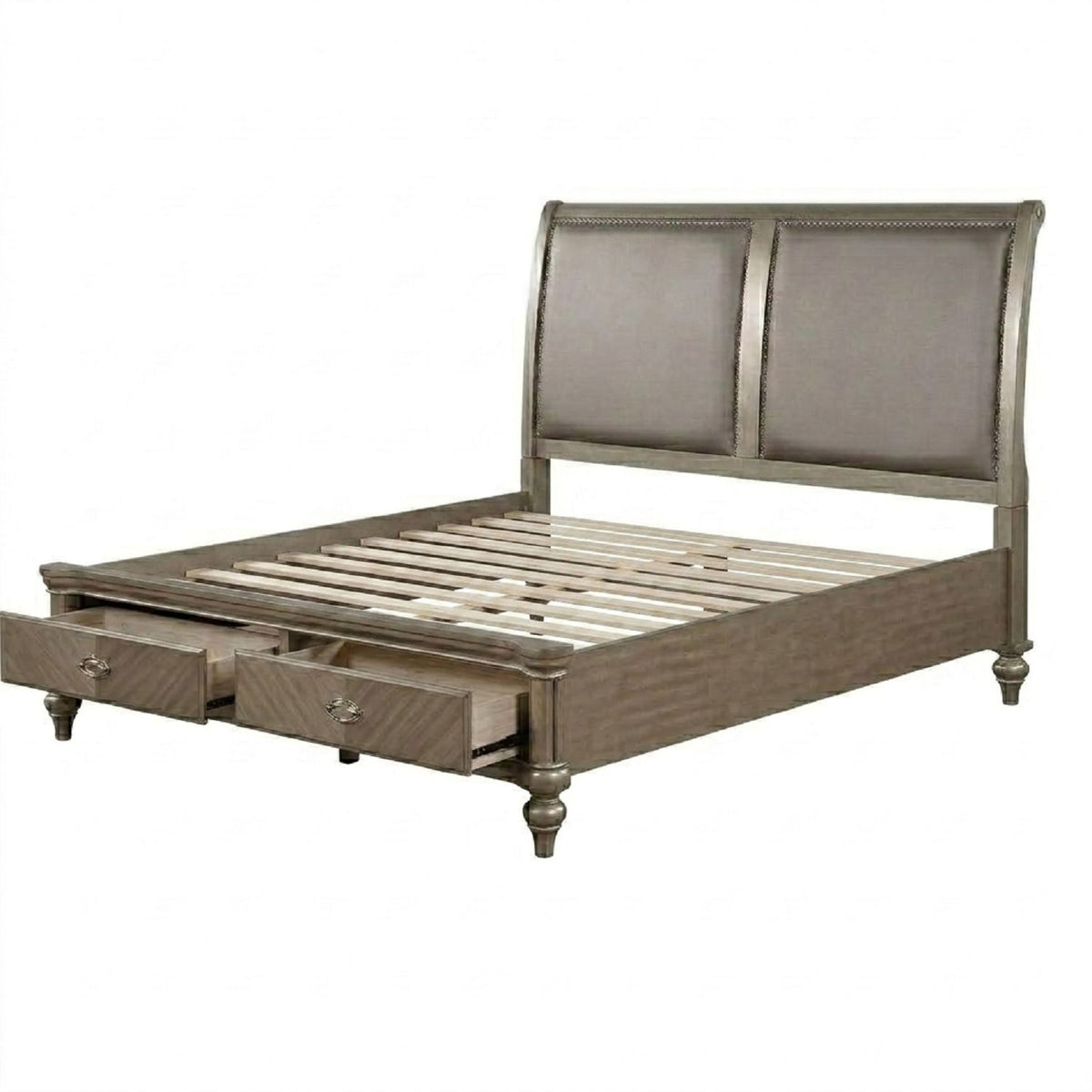 Cama con cabecero tapizado de 2 paneles y cajones en el piecero