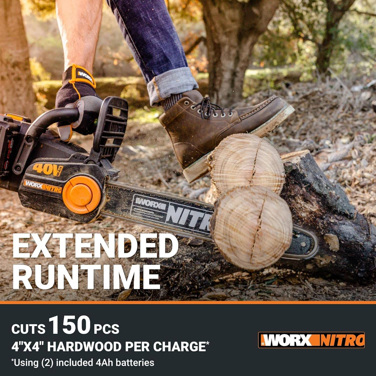 WORX - WG385 40V 16" Cordless Brushless Electric Chainsaw (2 x 4.0 Ah Batteries and 1 x Charger) - Black