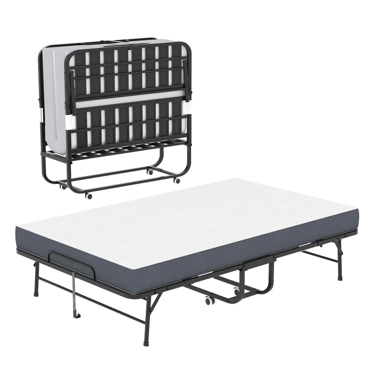 Cama Plegable Doble Ancha para Personas Altas, Extralarga y Ancha con Ruedas y Espuma Viscoelástica, Capacidad para Huéspedes de Alta Resistencia, Cuna Portátil Espaciosa - Negro