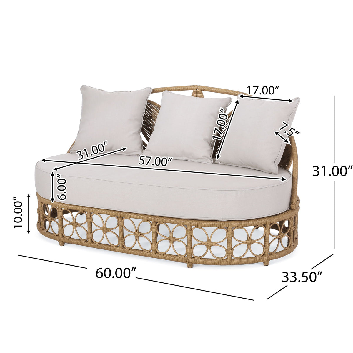 Outdoor Wicker Daybed With Pillows - Light Brown / Beige