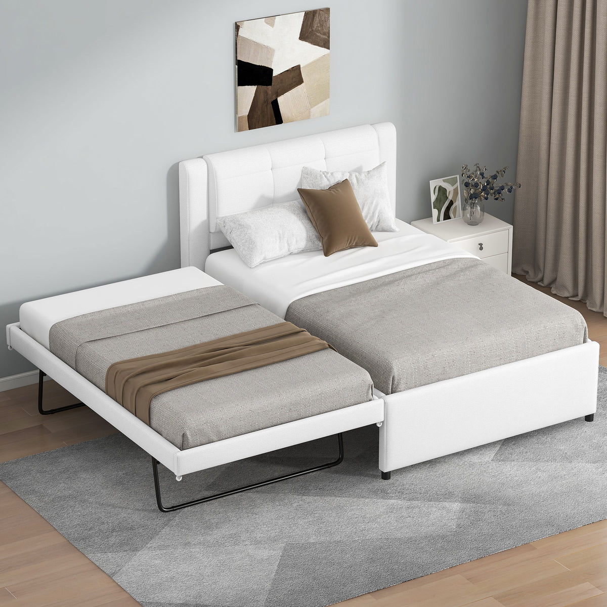 Cama tapizada tipo plataforma con cama nido multifuncional