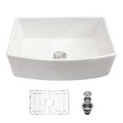 Ceramic Farmhouse Sink, Apron Front Single Bowl With Arch Edge