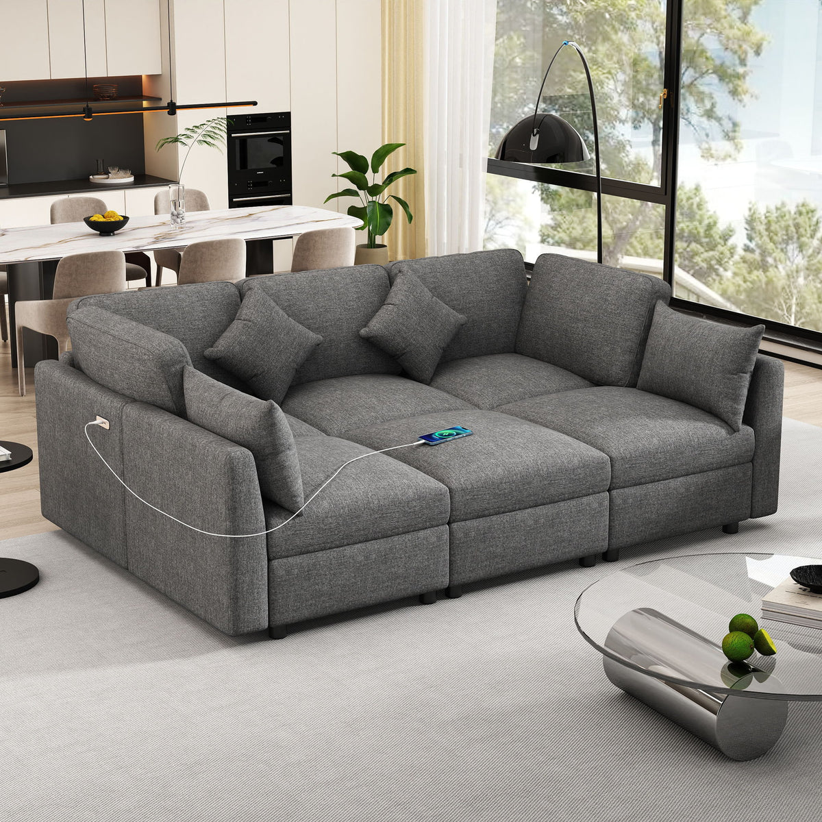 Sectional Sofa Modular U-Shaped With Ottoman & USB Ports