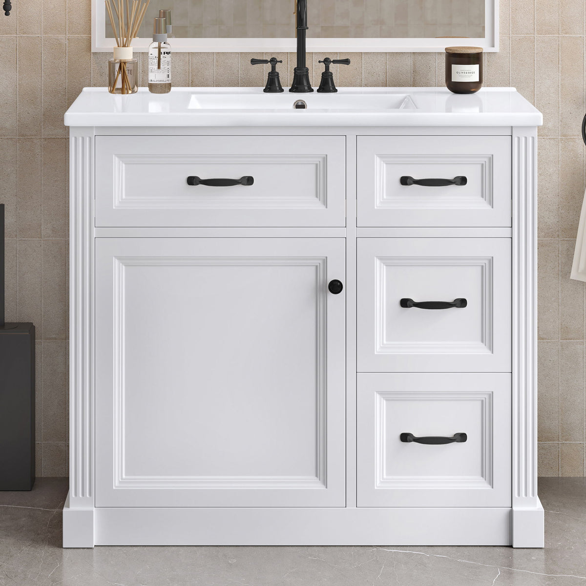 Tocador de baño moderno con lavabo, 4 cajones, puerta de cierre suave, estante ajustable