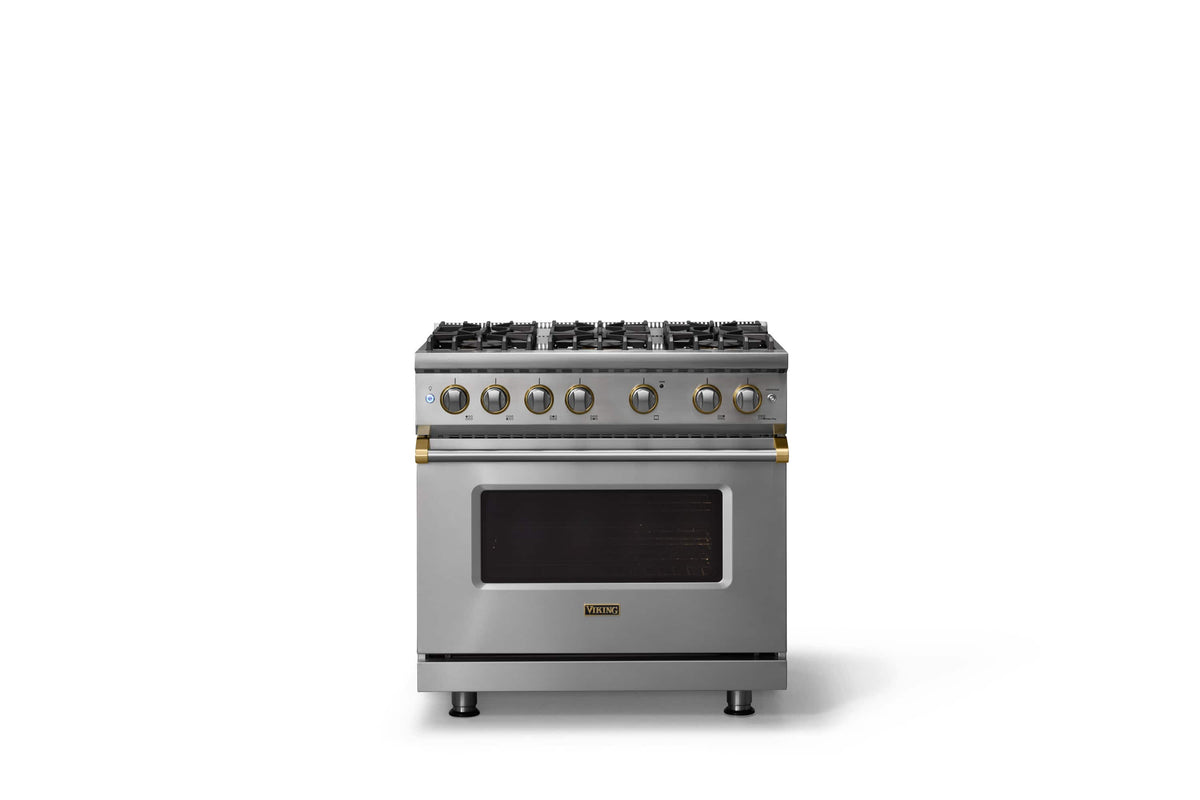 Viking - 36"W. 5.1 Cu. Ft. Freestanding Manual Clean Sealed 6 Burner LP Gas Convection Range-Stainless Steel/Brushed Brass - Stainless Steel