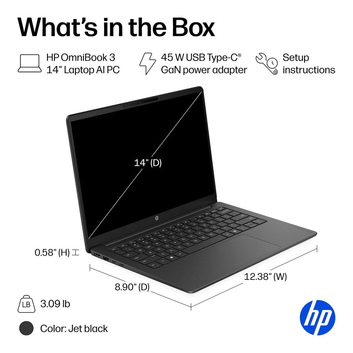 HP - OmniBook 3 - 14" 2K Touchscreen Laptop - Intel Core 3 304 (2026) - 8GB Memory - 128GB UFS - Jet Black