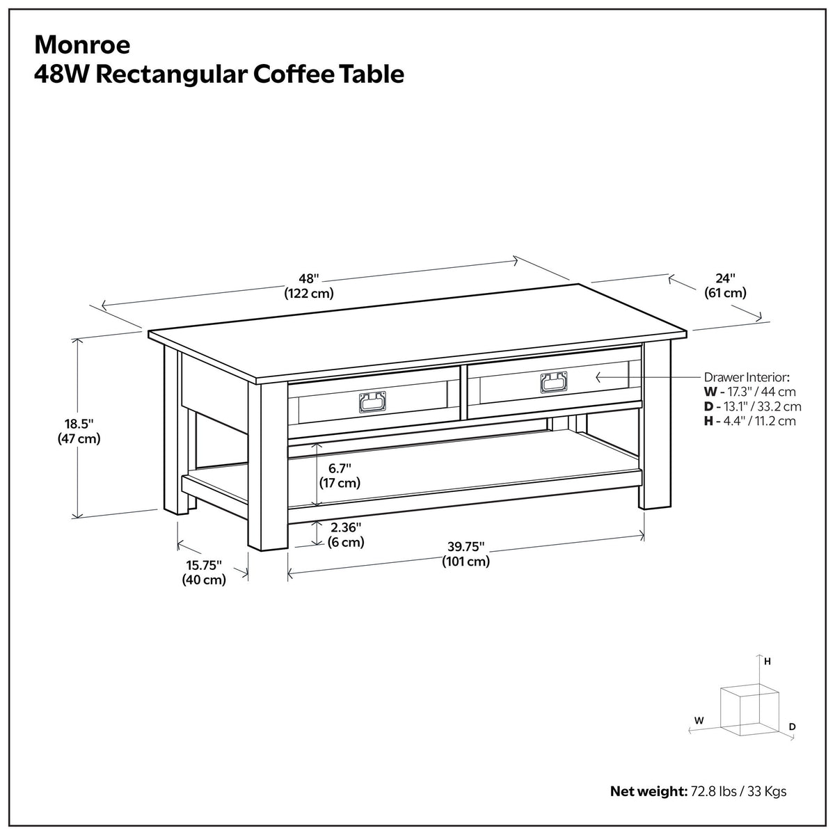 Monroe - Mesa de centro rectangular con cajones - Marrón