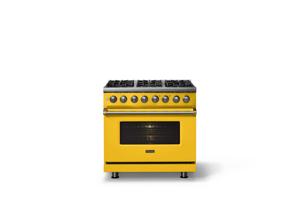 Viking - 36"W 5.6 Cu.Ft. Pro5S Freestanding Sealed 6 Burner Dual Fuel Convection LP Range - Daffodil w. Brushed Brass Trim - Daffodil