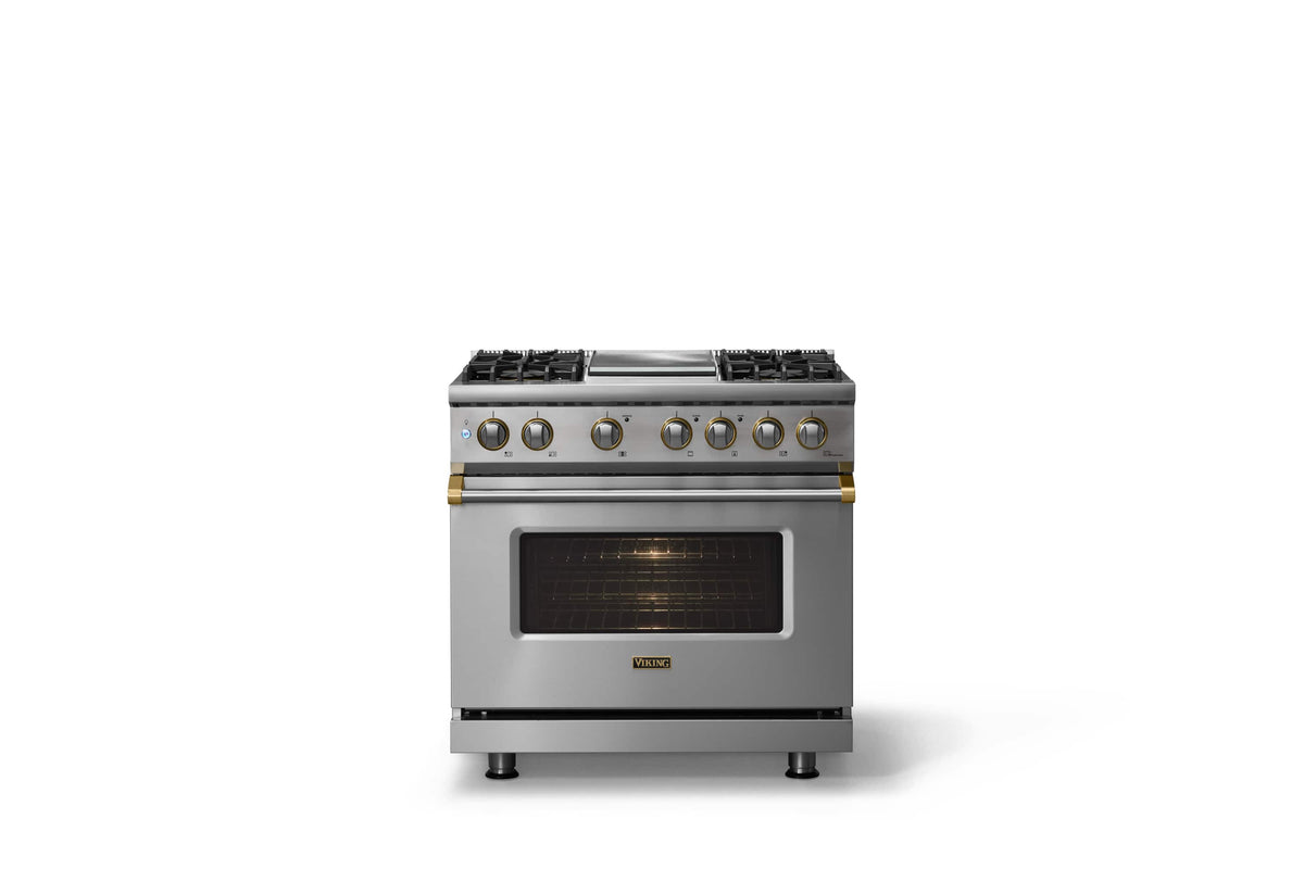 Viking - 36"W. Pro5S 5.6 Cu.Ft. Freestanding Self-Clean Sealed 4B LP Dual Fuel Convection Rng/Grdl-Stainless Steel/Brushed Brass - Stainless Steel