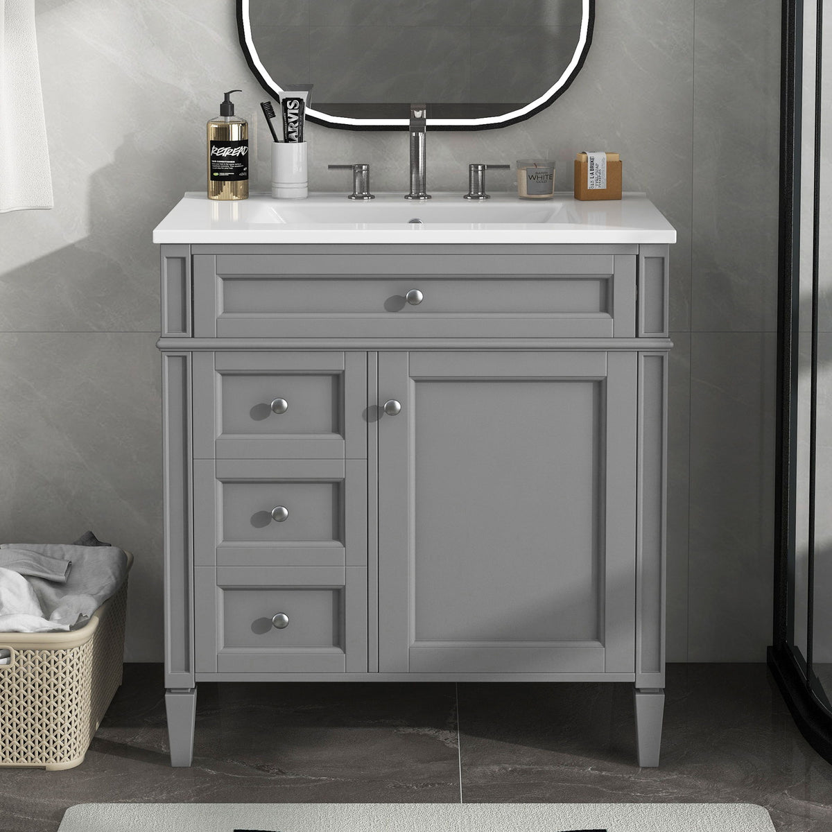 Bathroom Vanity With 2 Drawers And Tip-Out Drawer, Storage Cabinet
