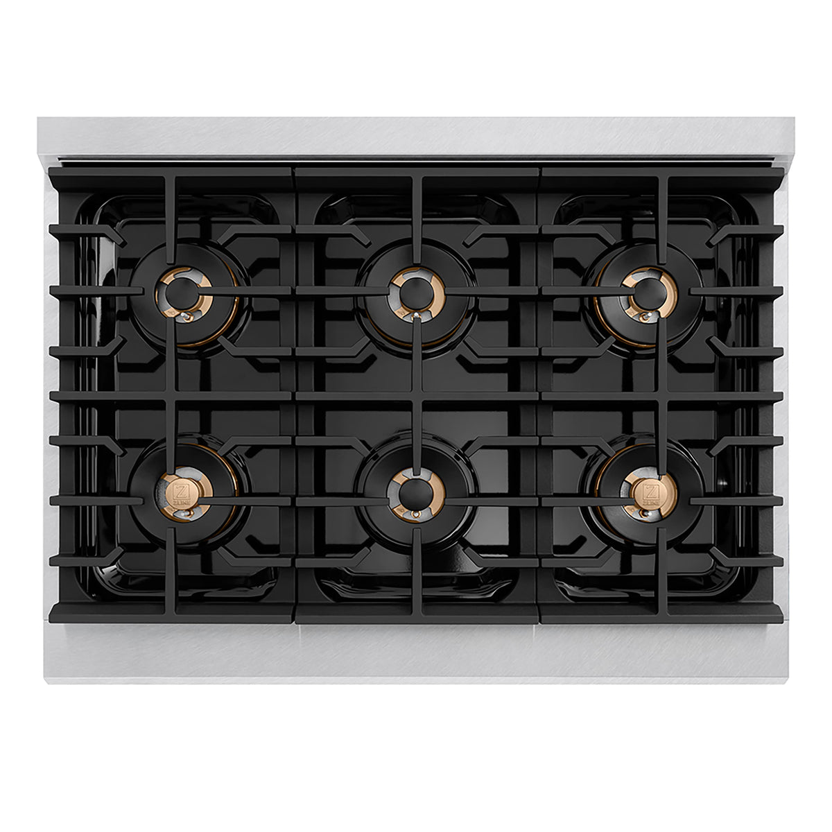 ZLINE - 36 in. Wide 6 Burner Autograph 5.2 cu. ft. Freestanding Paramount Gas DuoPro Range in Satin Steel and Polished Gold - Stainless Steel