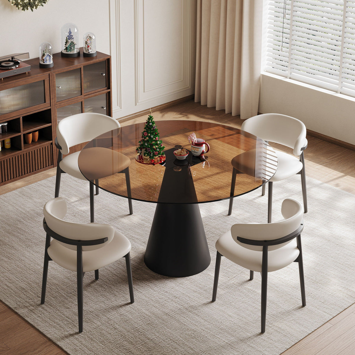 Mesa de comedor redonda con superficie de vidrio templado - Negro / Marrón