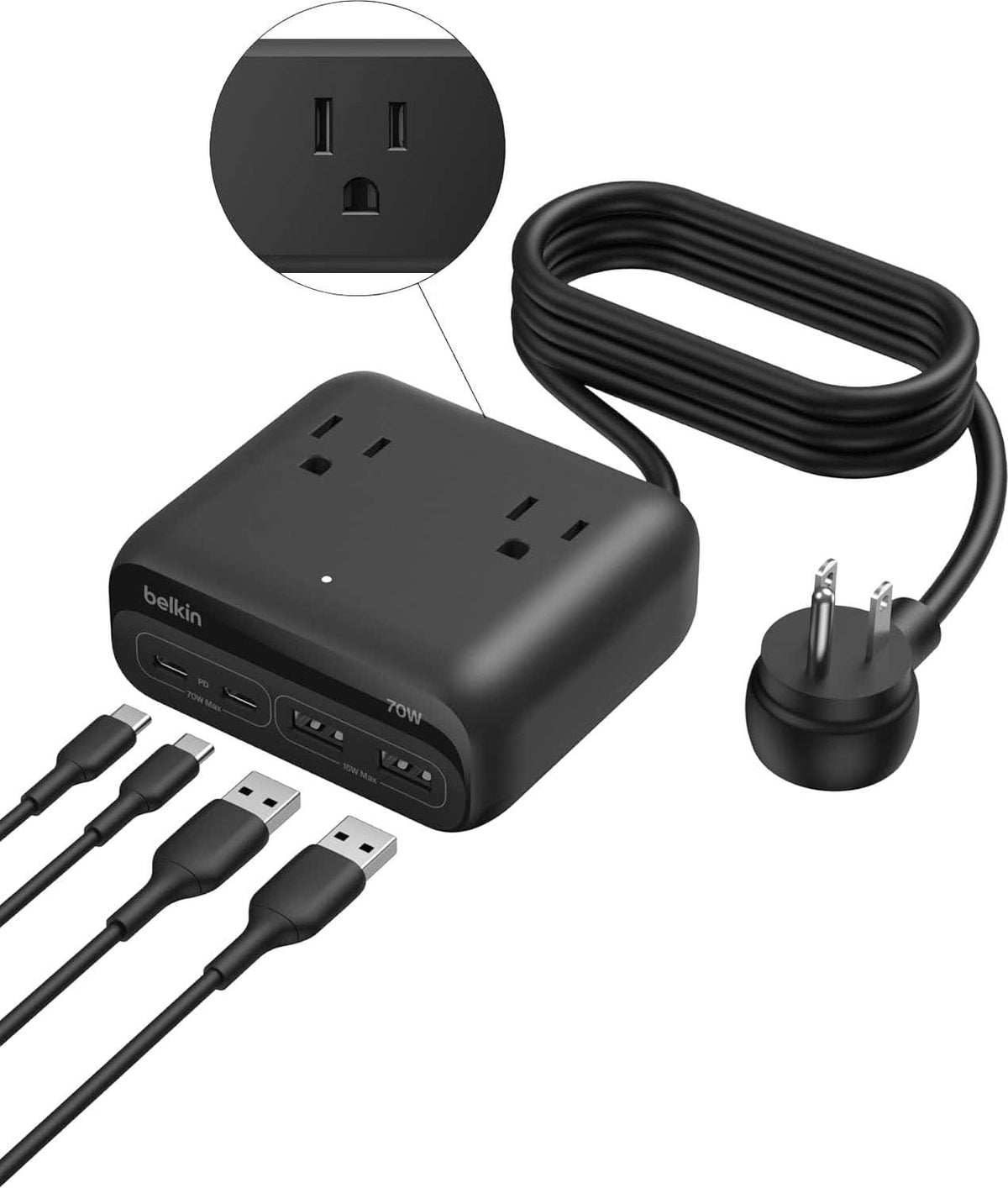 Belkin - 3-Outlet Charging Station, USB-A and USB-C ports, up to 70W Power Delivery for iPhone, Apple Watch, iPad, MacBook - Black