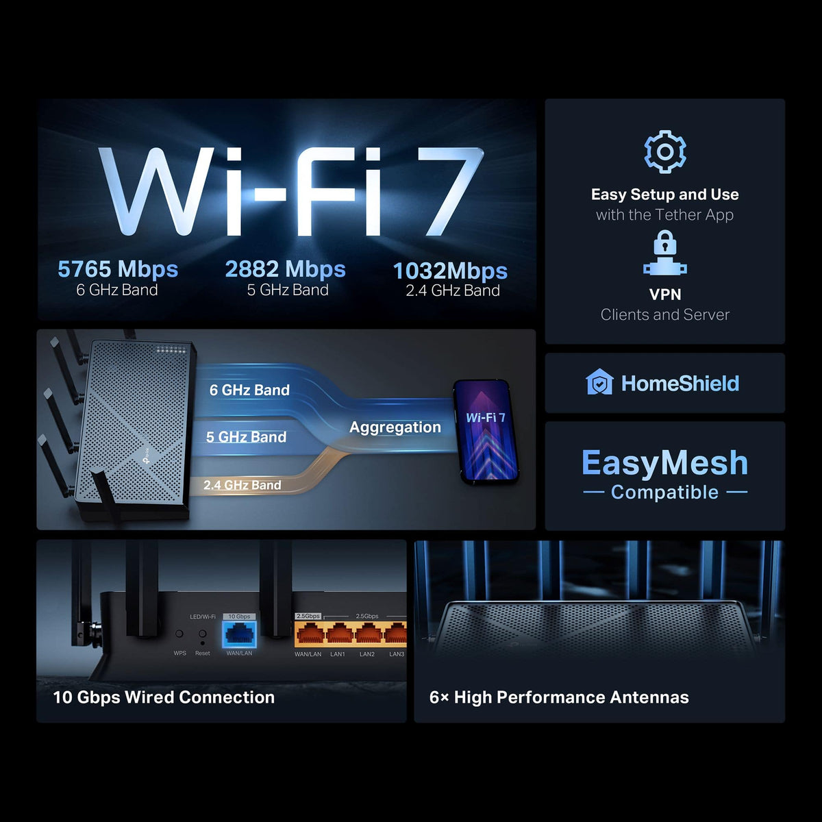 TP-Link - Archer BE9700 Tri-Band Wi-Fi 7 Router - Black