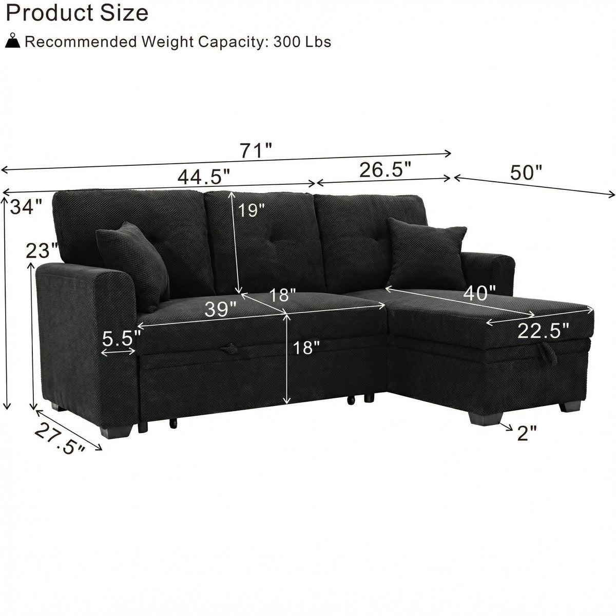 Sofá seccional cama con nido extraíble, chaiselongue reversible