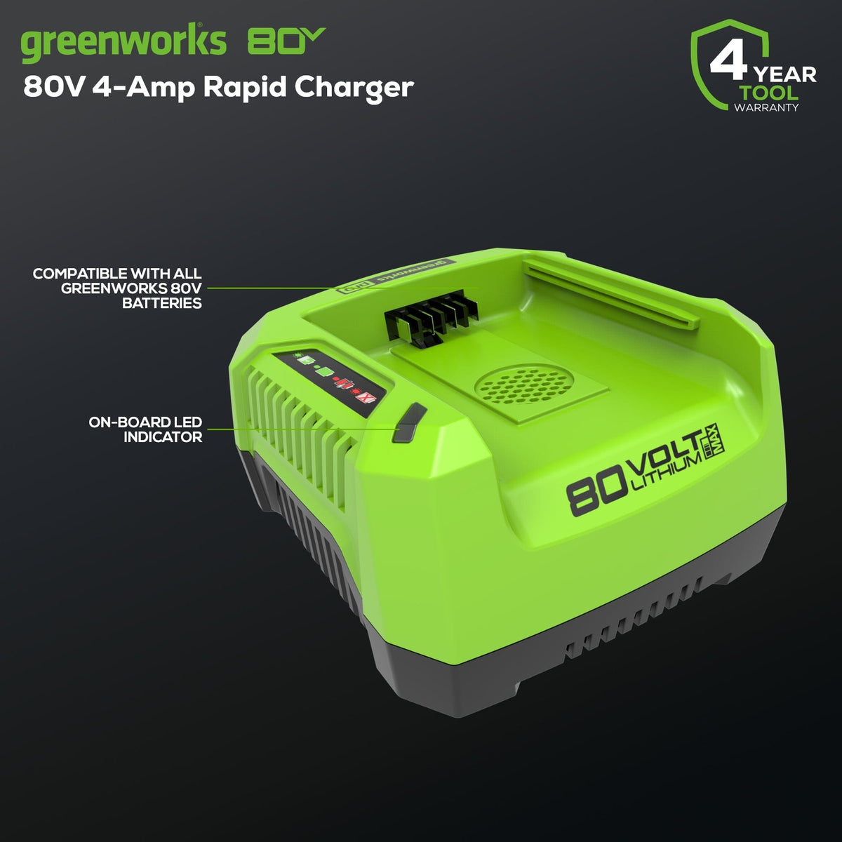 Greenworks - 80 Volt Pro Rapid Battery Charger - Black/Green