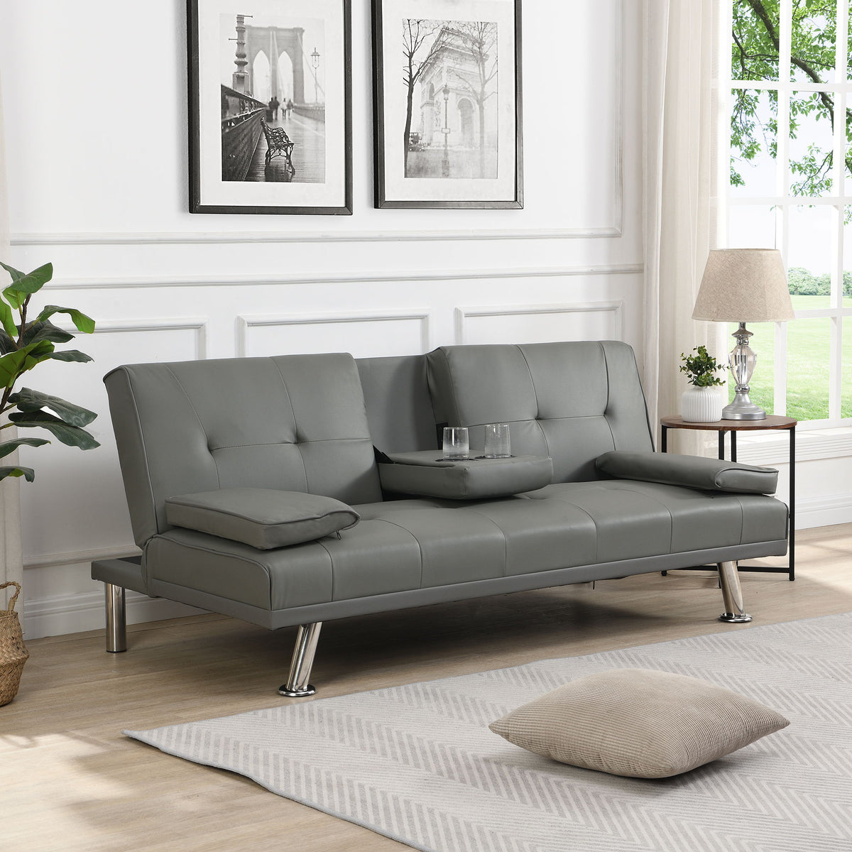 Modern Sofa Bed With Armrest 2 Holders, Wood Frame & Stainless Leg