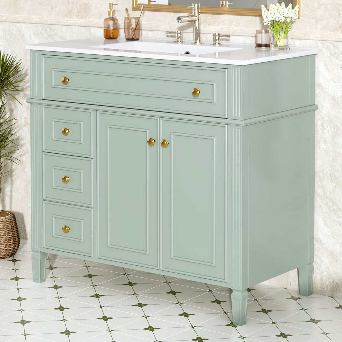 Mueble de baño con lavabo, 3 cajones y 2 puertas con cierre suave